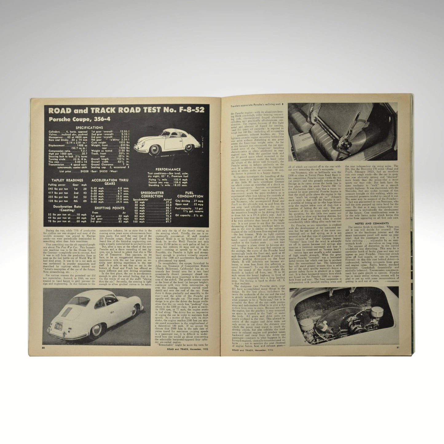 Open book with automotive road test results for Porsche 356 and images on a white background