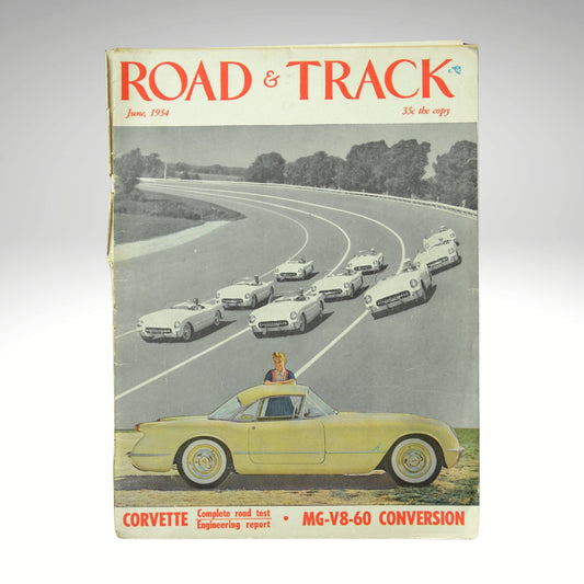 Vintage 'Road & Track' magazine cover with a yellow 1954 Corvette