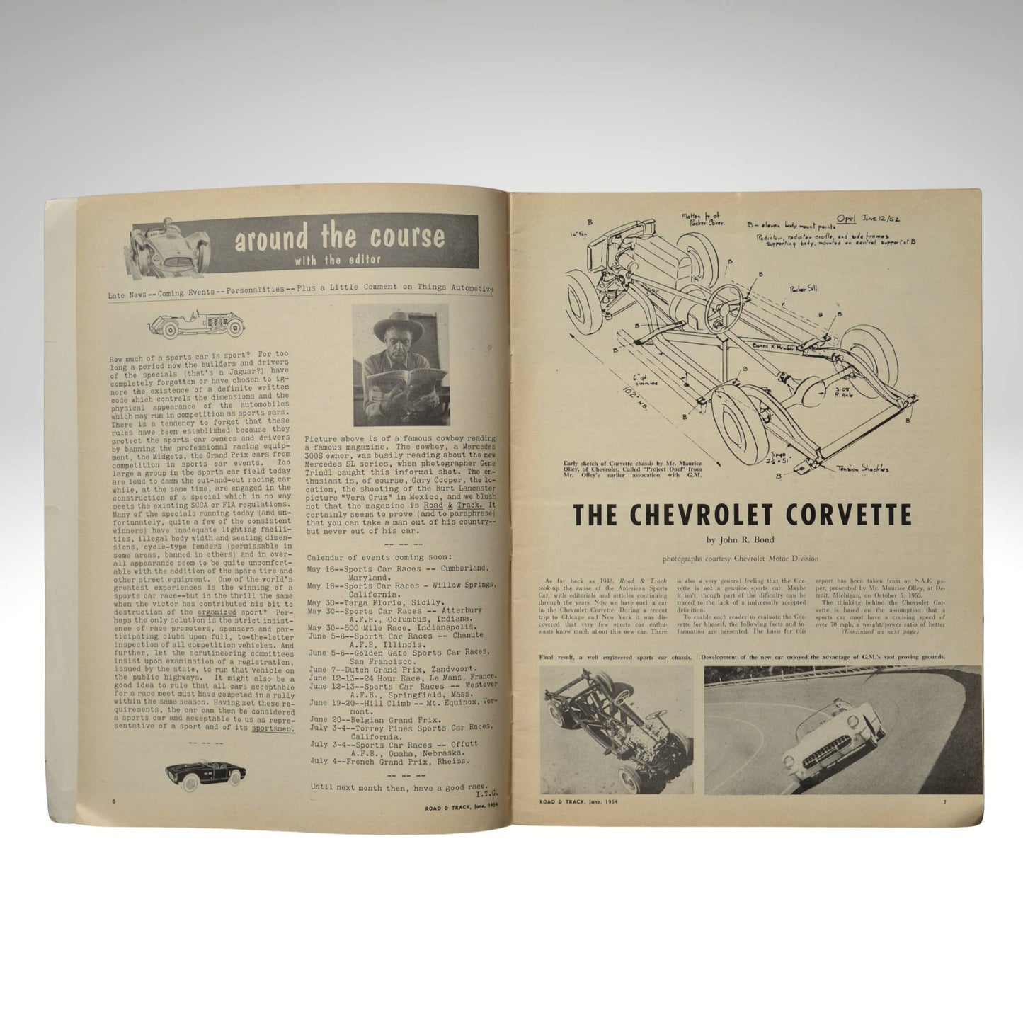 Open book with text and illustrations of a Chevrolet Corvette on a white background