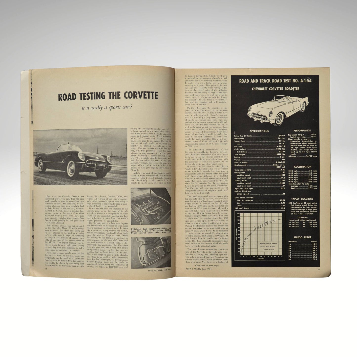 Open book with automotive content featuring a 1954 Corvette, on a light gray background