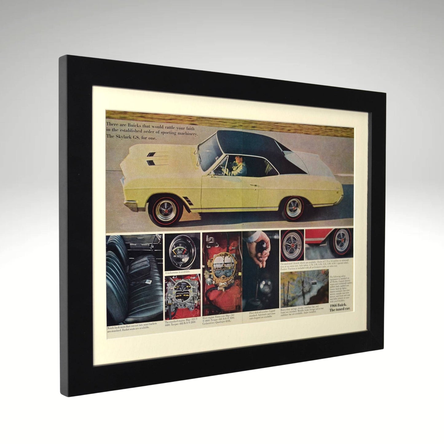 Framed 1966 Buick Skylark GS vintage print ad, professionally dry mounted and displayed in a 15x20 matte black frame. Features a classic Buick muscle car with performance details, ready for wall display side view