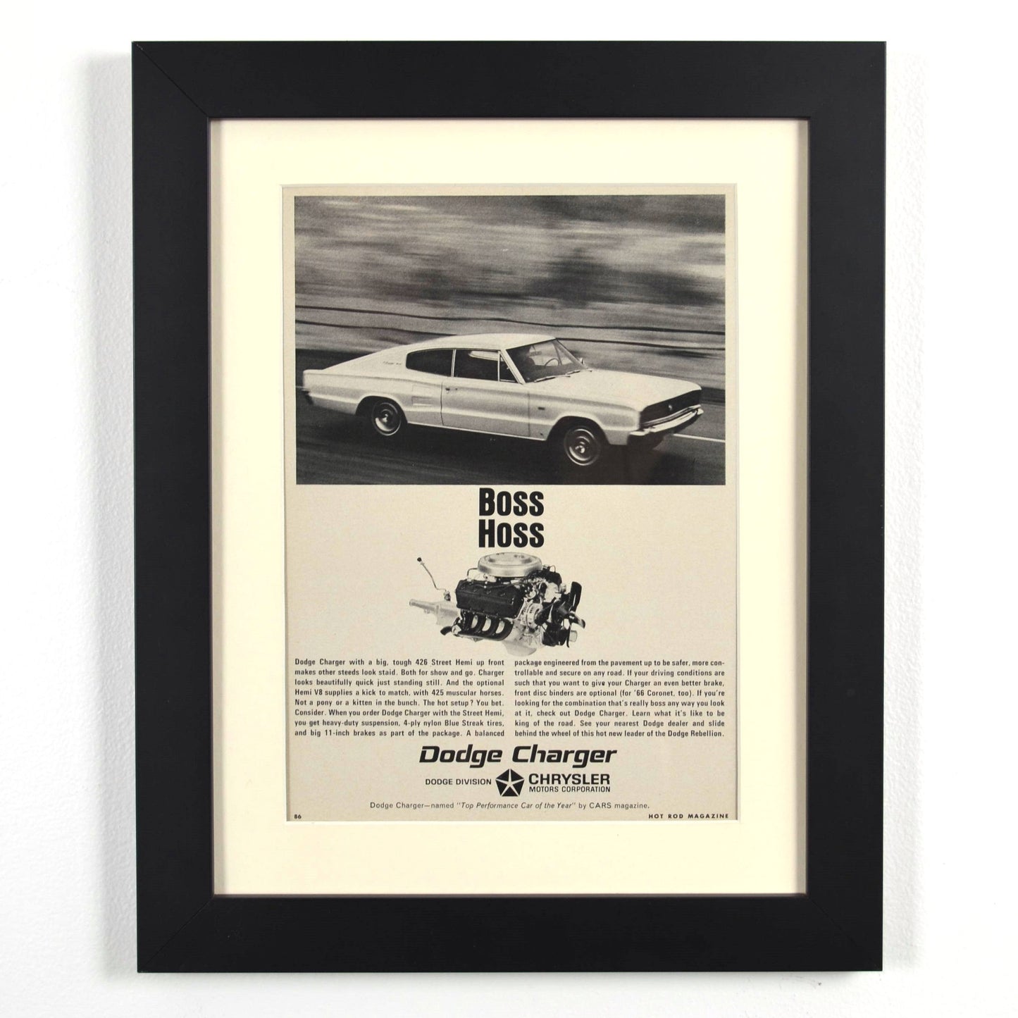 Framed 1966 Dodge Charger 426 HEMI “Boss Hoss” print ad – 12x15 vintage automotive wall art for Mopar enthusiasts and collectors
