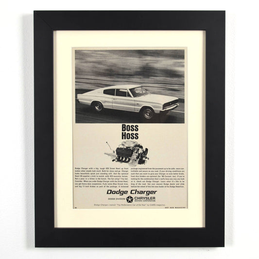 Framed 1966 Dodge Charger 426 HEMI “Boss Hoss” print ad – 12x15 vintage automotive wall art for Mopar enthusiasts and collectors