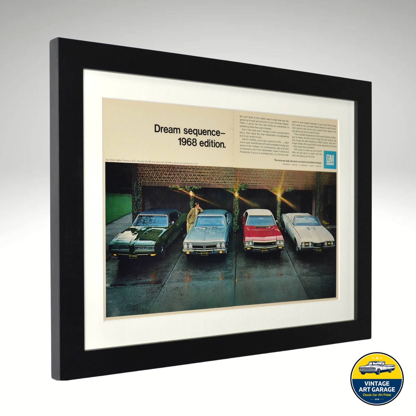 Framed 1968 GM muscle car lineup vintage print ad, featuring a Chevrolet Chevelle, Pontiac GTO, Buick GS and Oldsmobile 442. Professionally dry mounted and displayed in a 15x20 matte black frame, ready for wall display side view