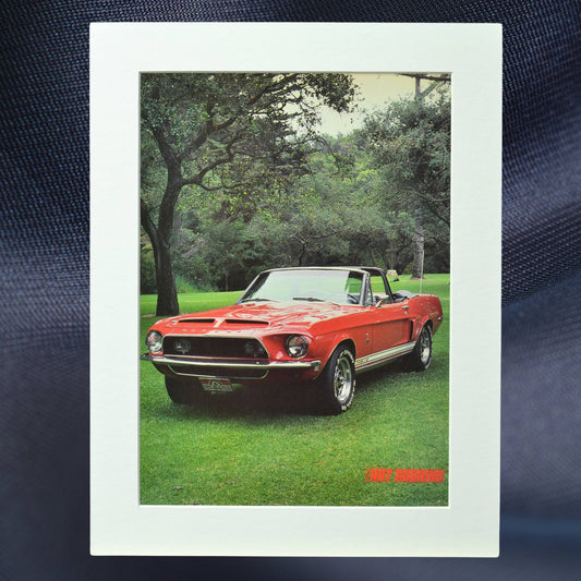 1968 Shelby GT-350 Convertible vintage print, featuring the red Shelby Mustang in a scenic setting, perfect for collectors and classic car enthusiasts.