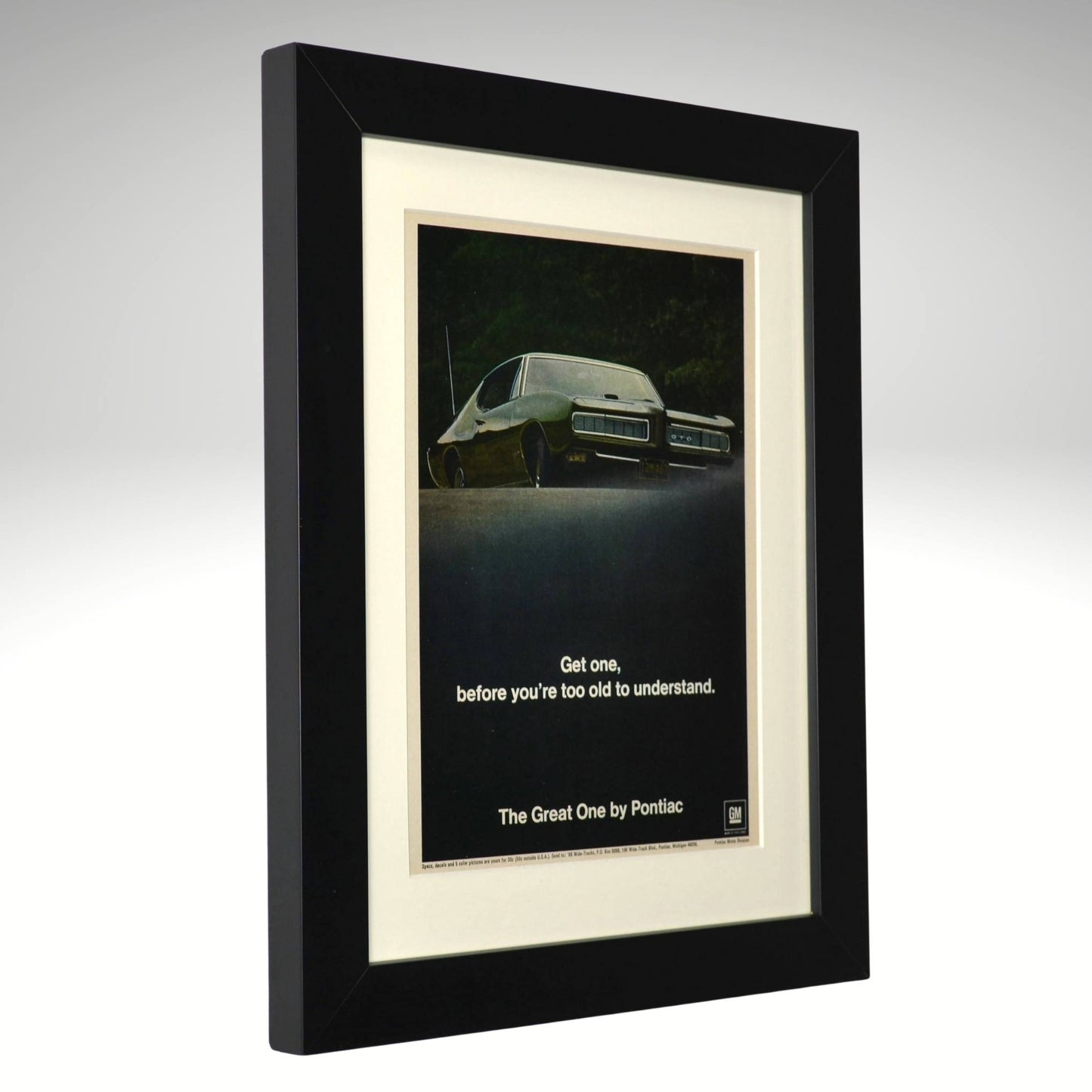 Framed advertisement for 1968 Pontiac GTO Ad – The Great One Vintage Muscle Car Wall Art