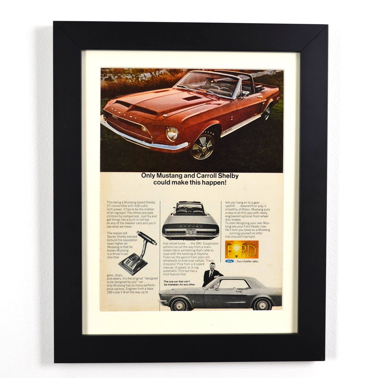 Framed 1968 Shelby GT-500 Convertible vintage print ad featuring the classic Mustang in bold styling, a true piece of Ford performance history.