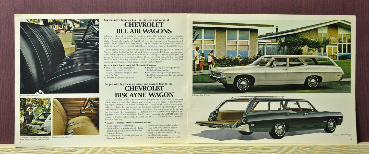 1968 Chevrolet Bel Aire and Biscayne Wagons Dealer Sales Brochure - Impala, Caprice, Chevelle, vintage ad