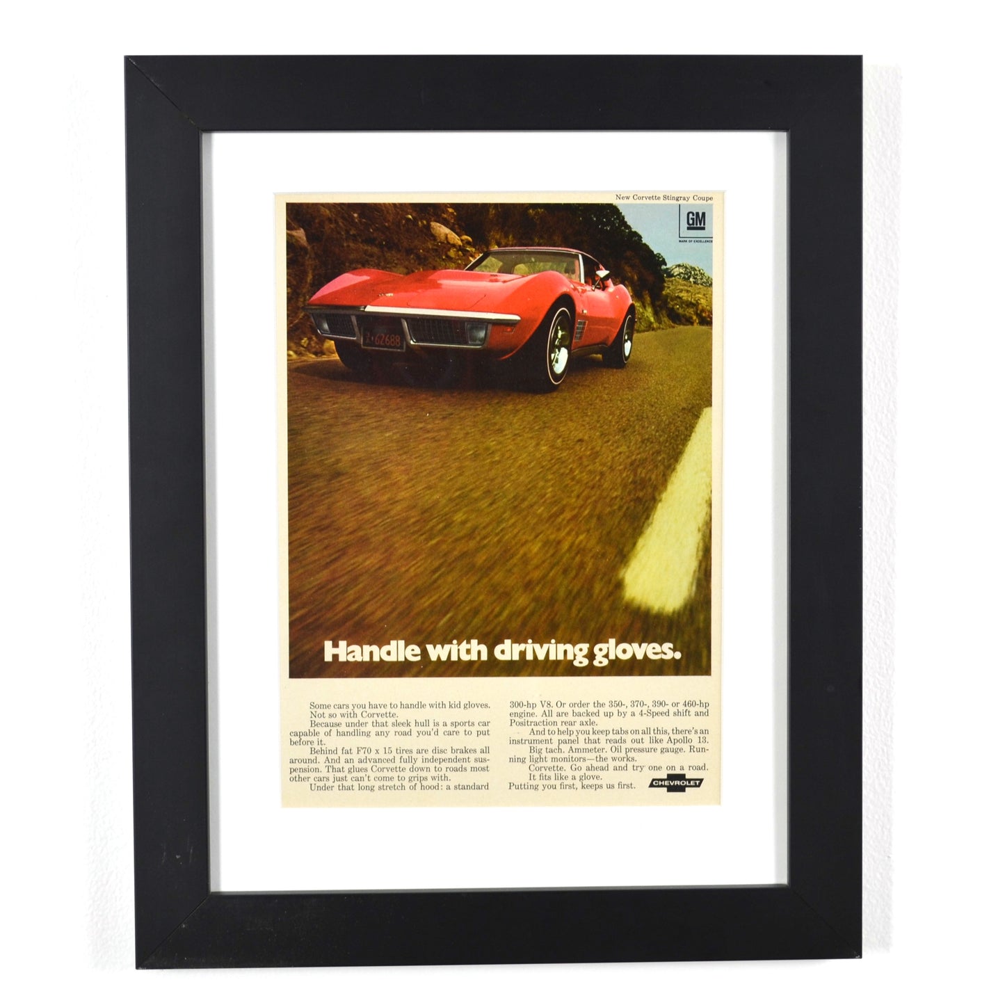 1970 Chevrolet Corvette Stingray Vintage Print Ad – Classic Sports Car wall art framed