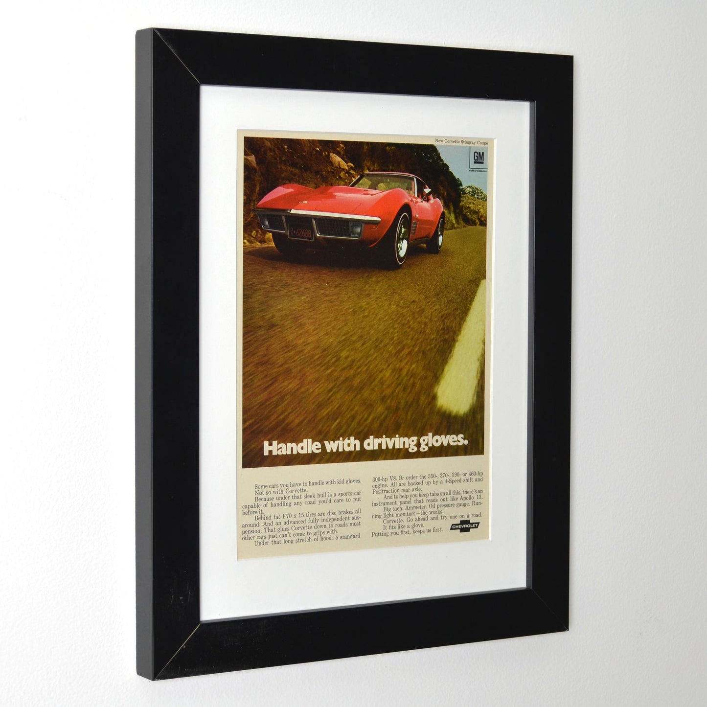 1970 Chevrolet Corvette Stingray Vintage Print Ad – Classic Sports Car wall art framed side view