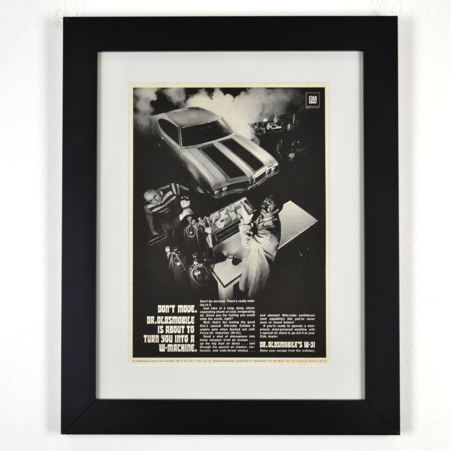 Framed 1969 Oldsmobile 442 W-Machine ad print featuring Dr. Oldsmobile – 12x15 vintage automotive wall art