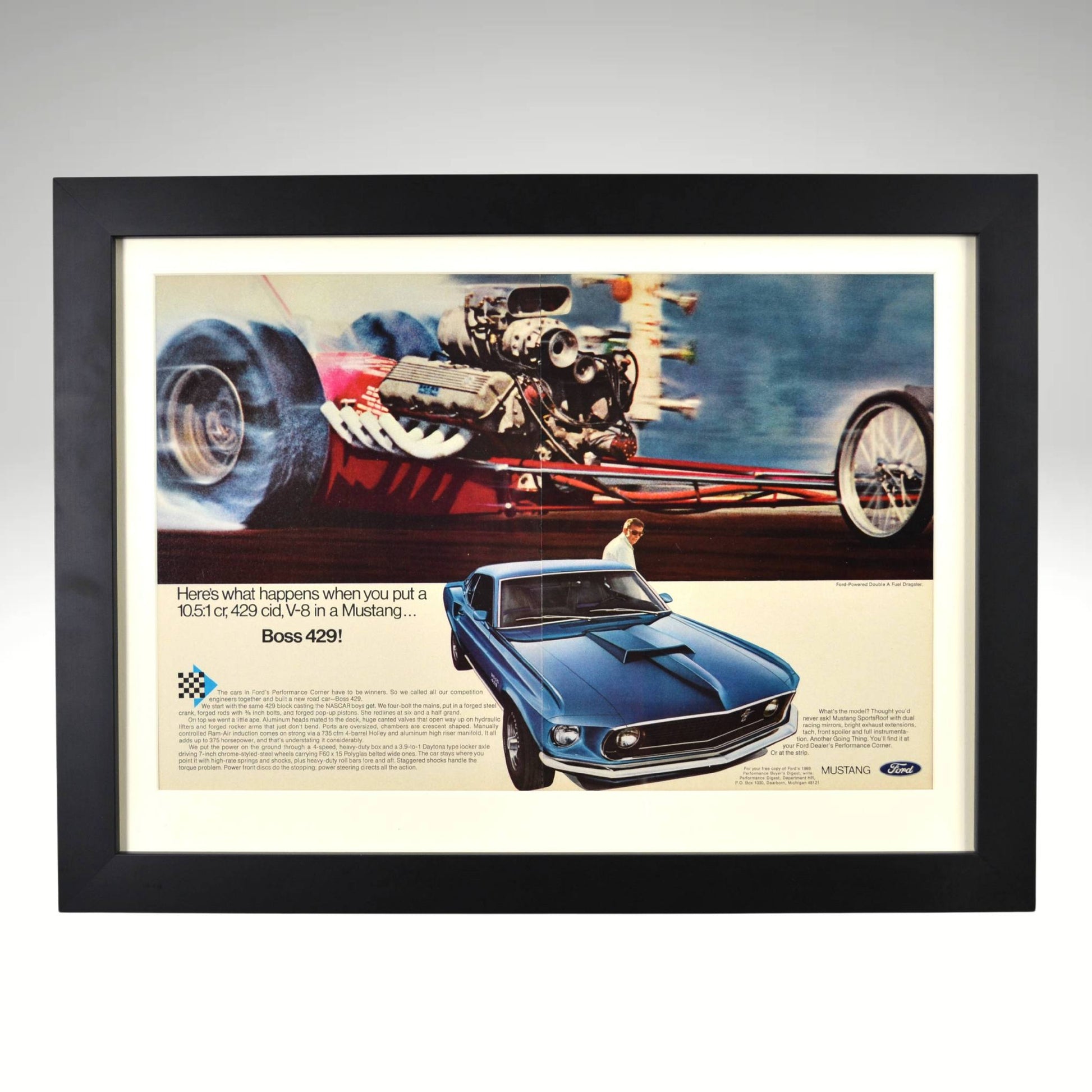 Framed 1969 Boss 429 Mustang print ad – Vintage Ford drag racing wall art in 15x20 matte black frame