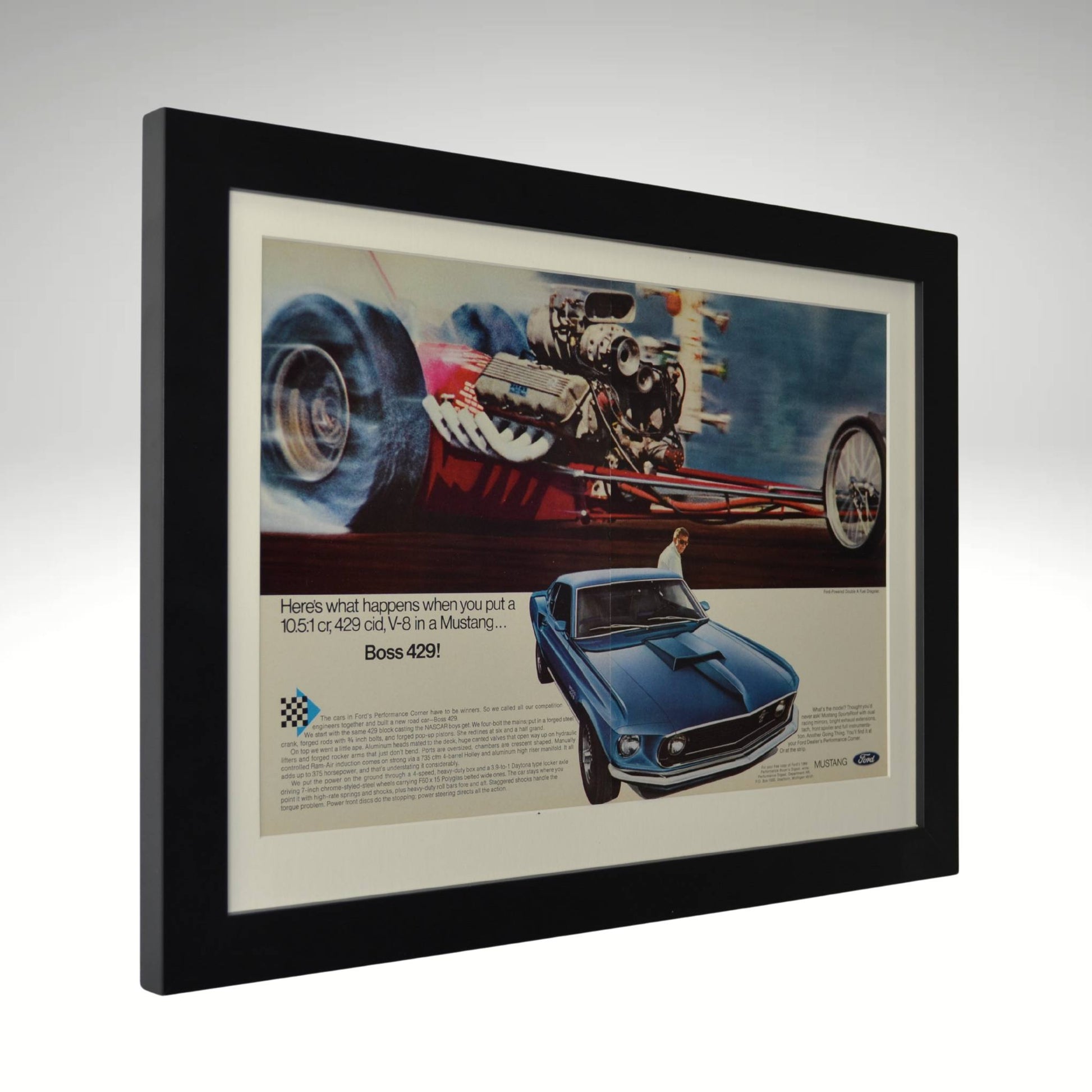Framed 1969 Boss 429 Mustang print ad – Vintage Ford drag racing wall art in 15x20 matte black frame side view