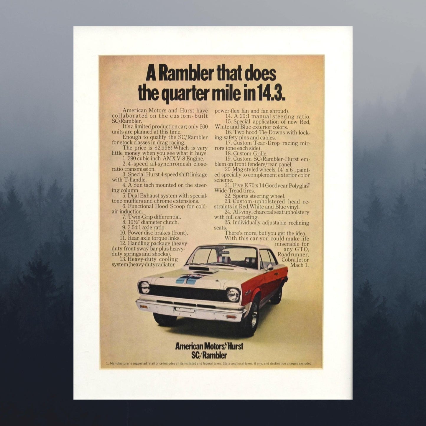 Vintage 1969 AMC Hurst SC/Rambler Ad | Muscle Car Wall Art