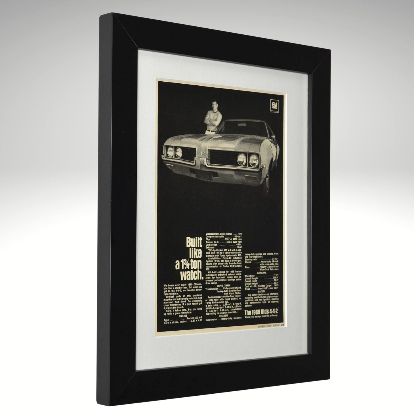 Framed artwork of a 1969 Oldsmobile 442 classic car with text on a white background