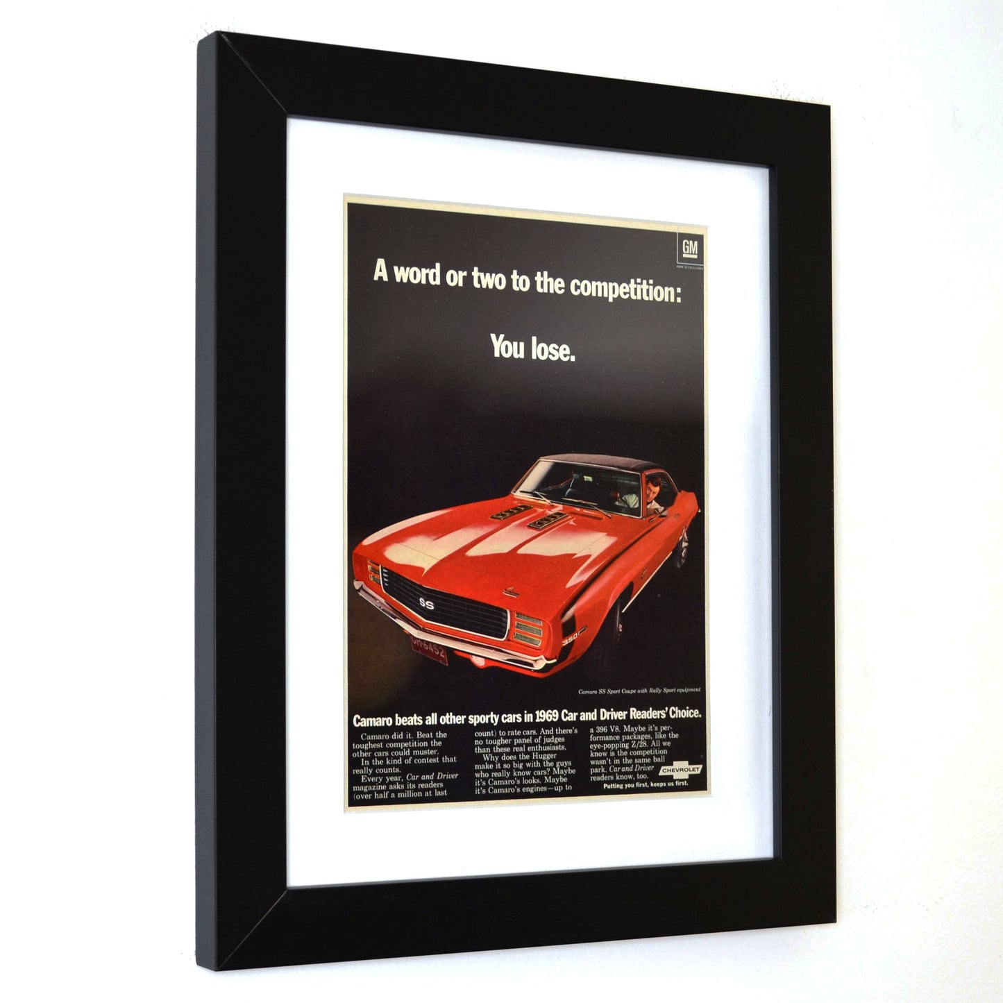 1969 Chevrolet Camaro SS Vintage Print Ad side view framed