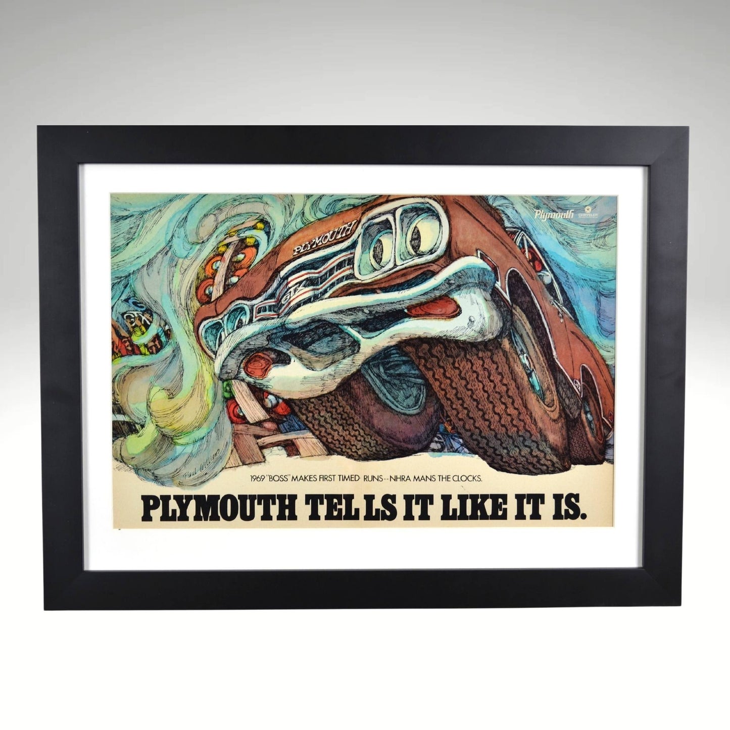 1969 Plymouth GTX framed vintage print ad featuring bold drag racing art and colorful design, 15" x 20" dimensions.
