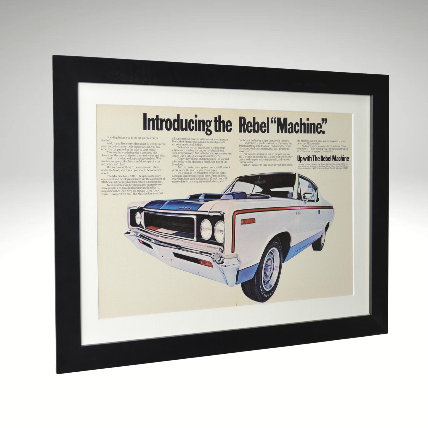 1970 AMC Rebel Machine Ad – Framed Muscle Car Wall Art, 15x20 side view