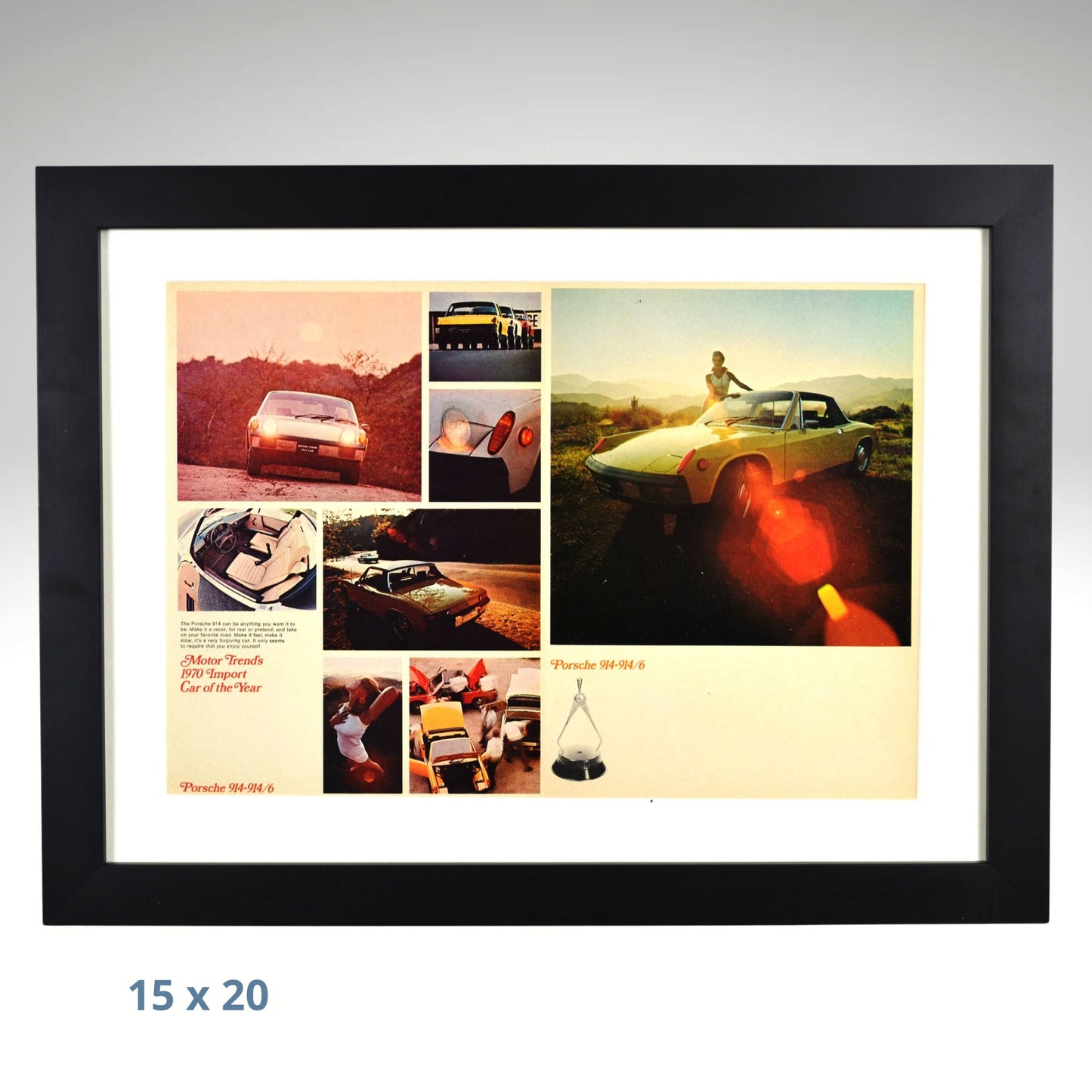 Framed Vintage Porsche 914 Print – Classic 1970 Porsche Advertisement with White Mat – Mid-Engine Sports Car Wall Art