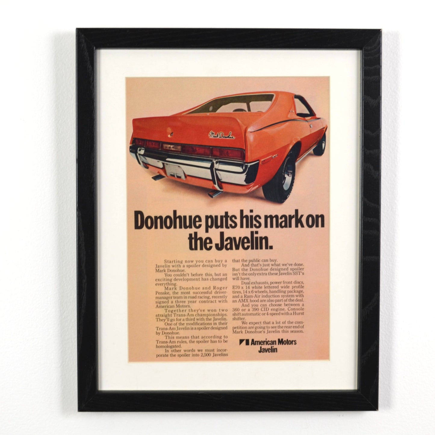 1970 AMC Javelin Mark Donohue Vintage Print Ad - Classic Car Art framed