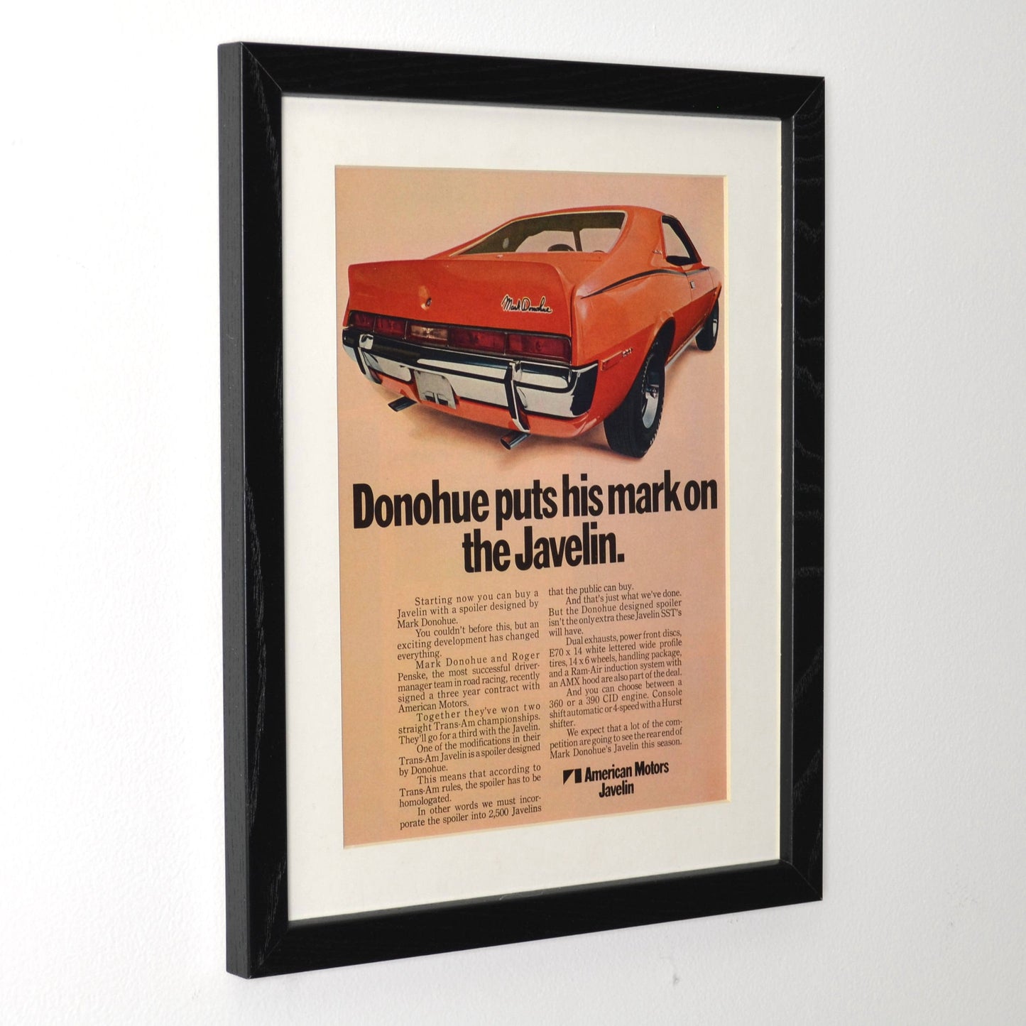 1970 AMC Javelin Mark Donohue Vintage Print Ad - Classic Car Art framed side view