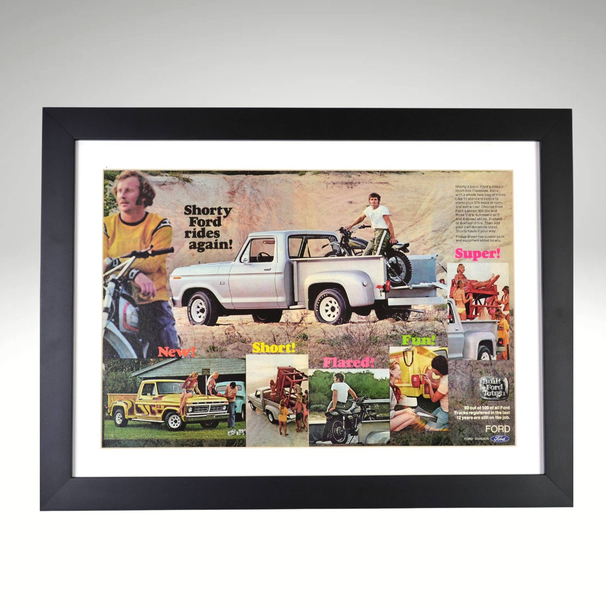 1970s Ford truck framed print featuring the Shorty pickup, custom graphics, and an adventurous retro lifestyle, perfect for classic truck enthusiasts.