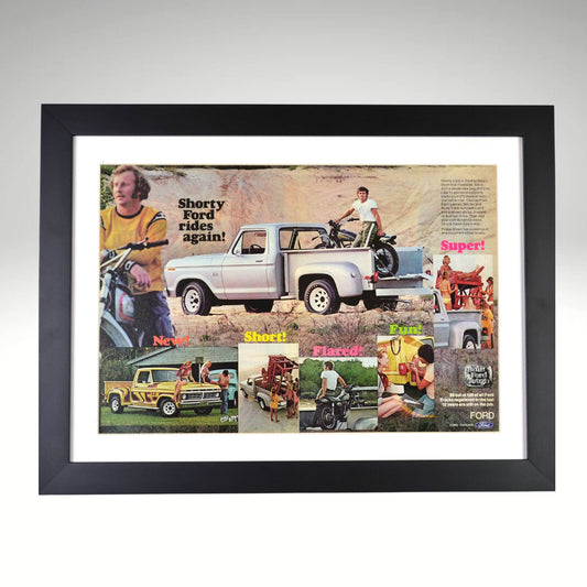 1970s Ford truck framed print featuring the Shorty pickup, custom graphics, and an adventurous retro lifestyle, perfect for classic truck enthusiasts.