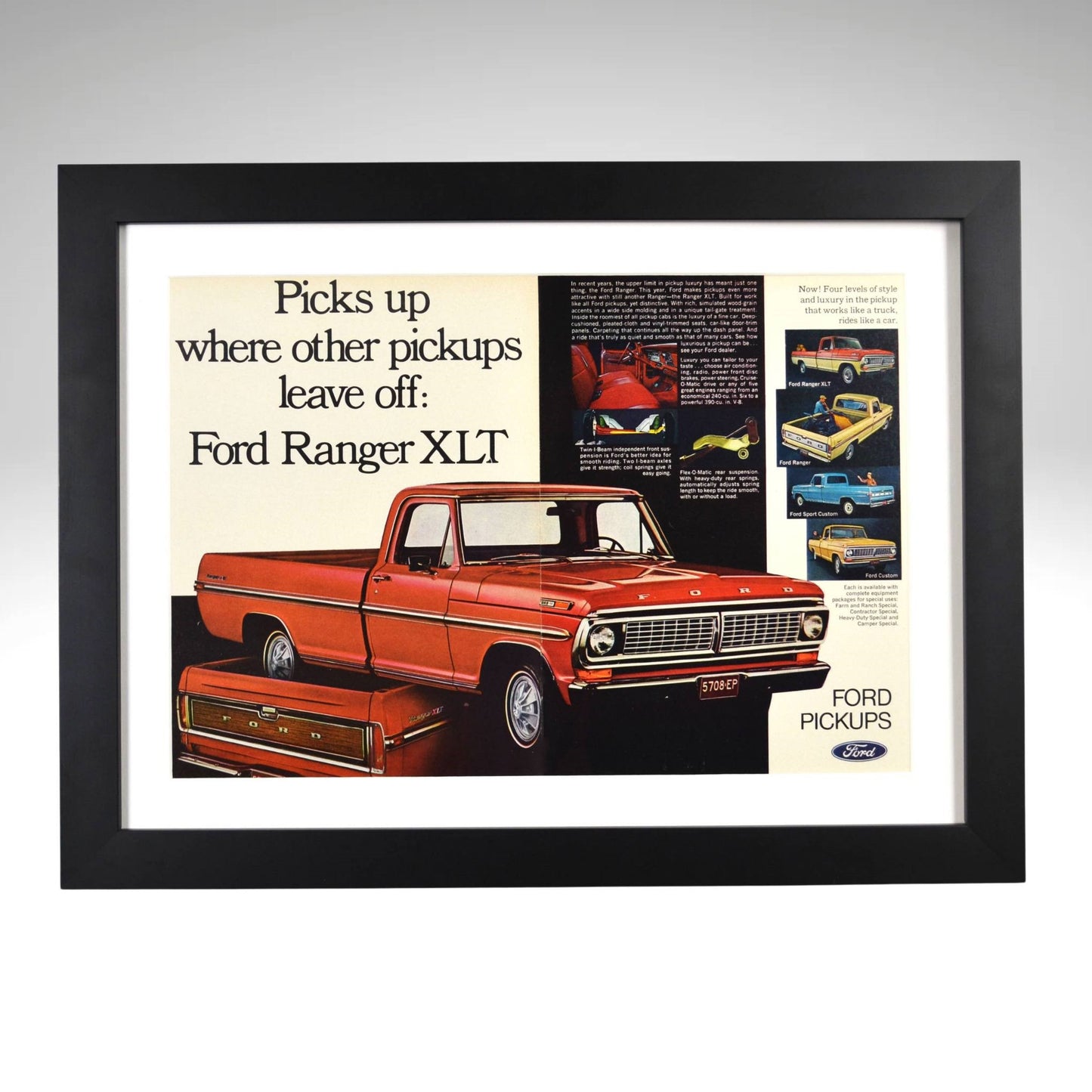 1970 Ford Ranger XLT pickup truck ad red vintage framed print