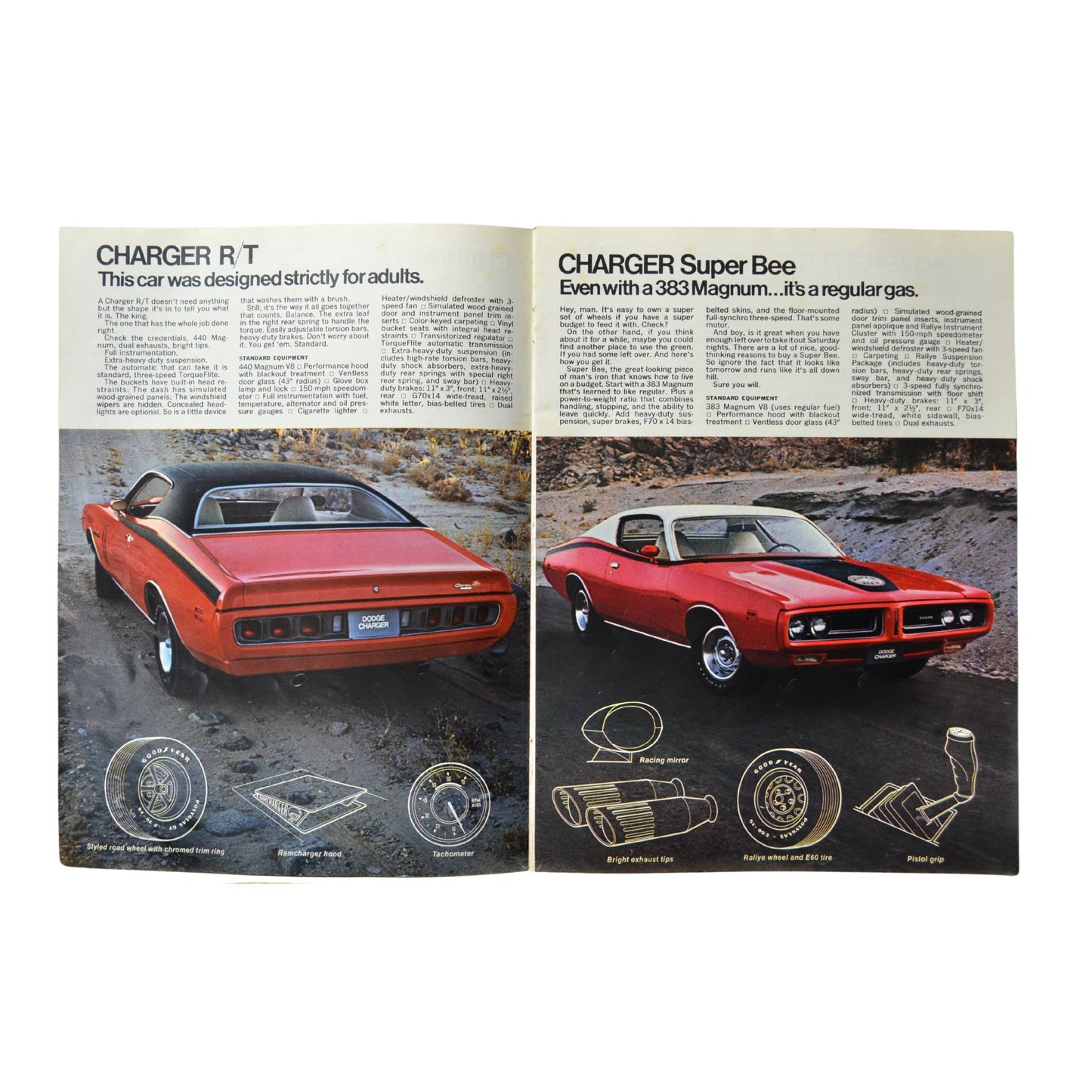 Inside pages of the 1971 Dodge Scat Pack brochure, showcasing a red Charger R/T and a red Super Bee with specs and performance details.