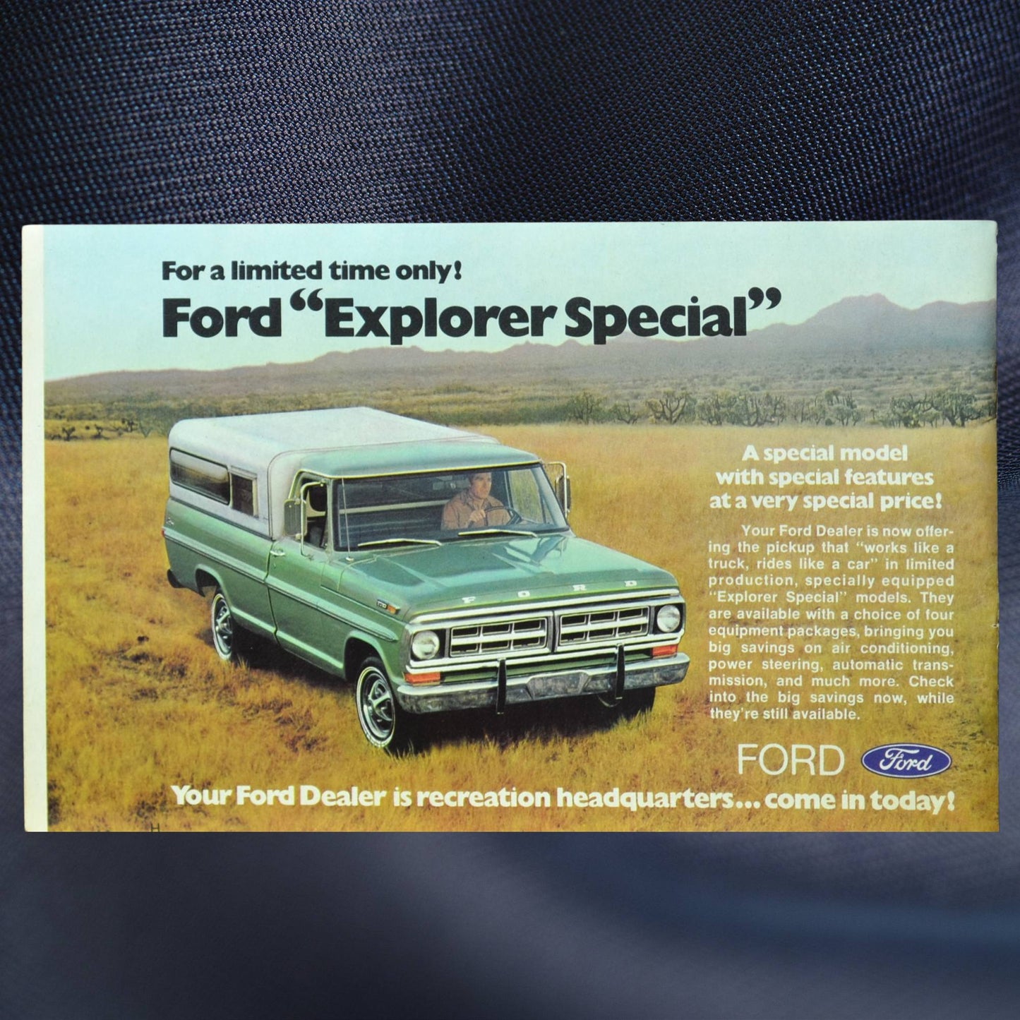 1971 Ford Explorer Special brochure back cover – vintage green F-100 pickup with camper top