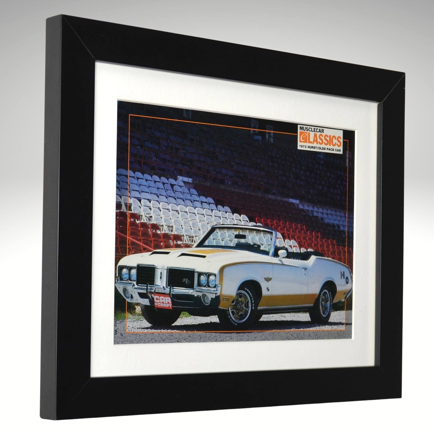 Framed picture of a 1972 Hurst Olds pace car classic car on a white background