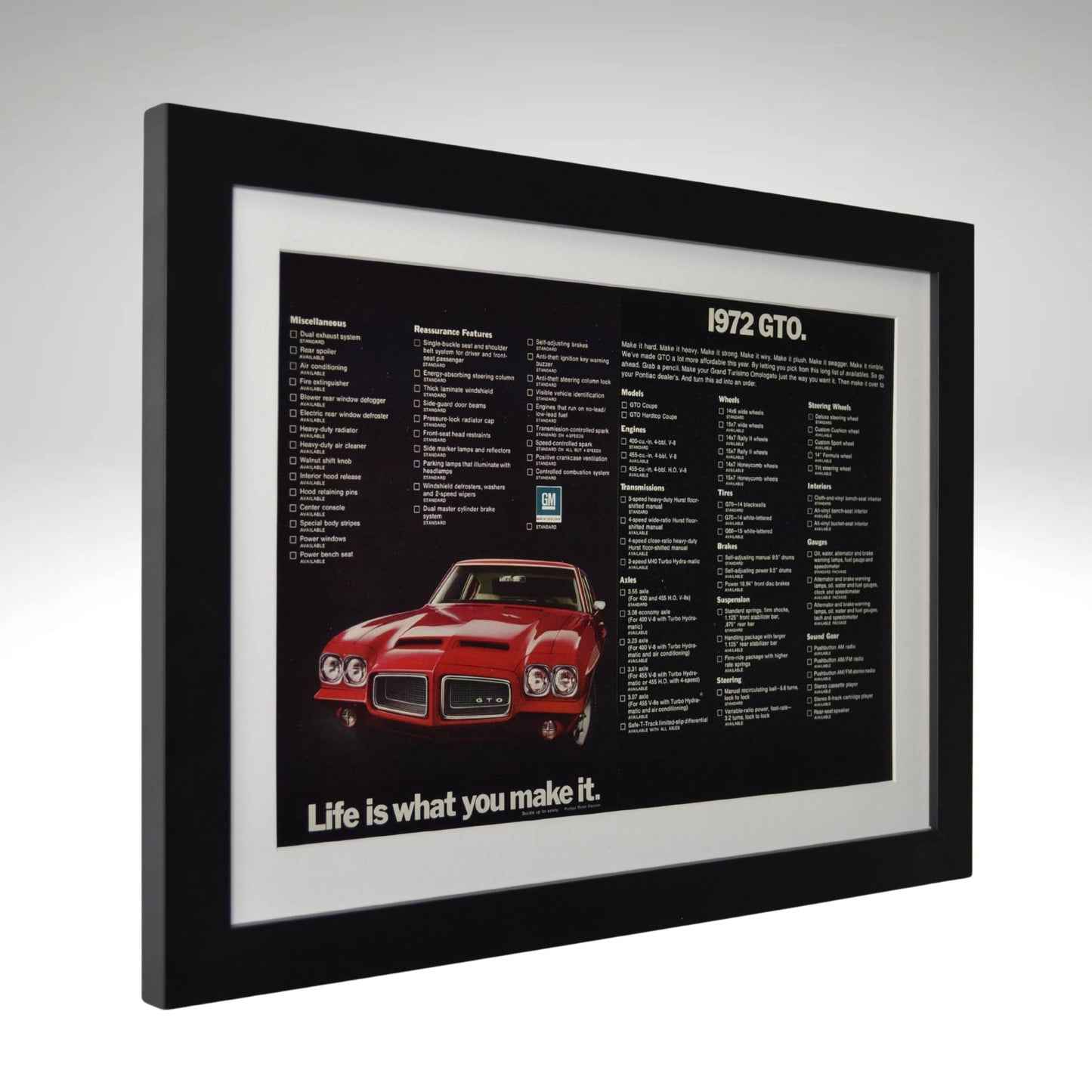 Framed Red 1972 Pontiac GTO ad with full factory options list – 15x20 vintage automotive wall art for garage or office side view