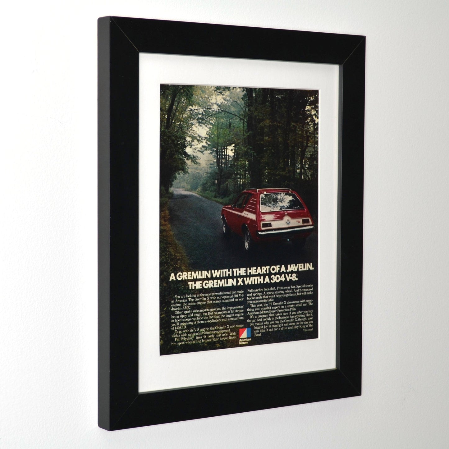 1972 AMC Gremlin X Vintage Print Ad - Classic Muscle Compact Wall Art side view framed
