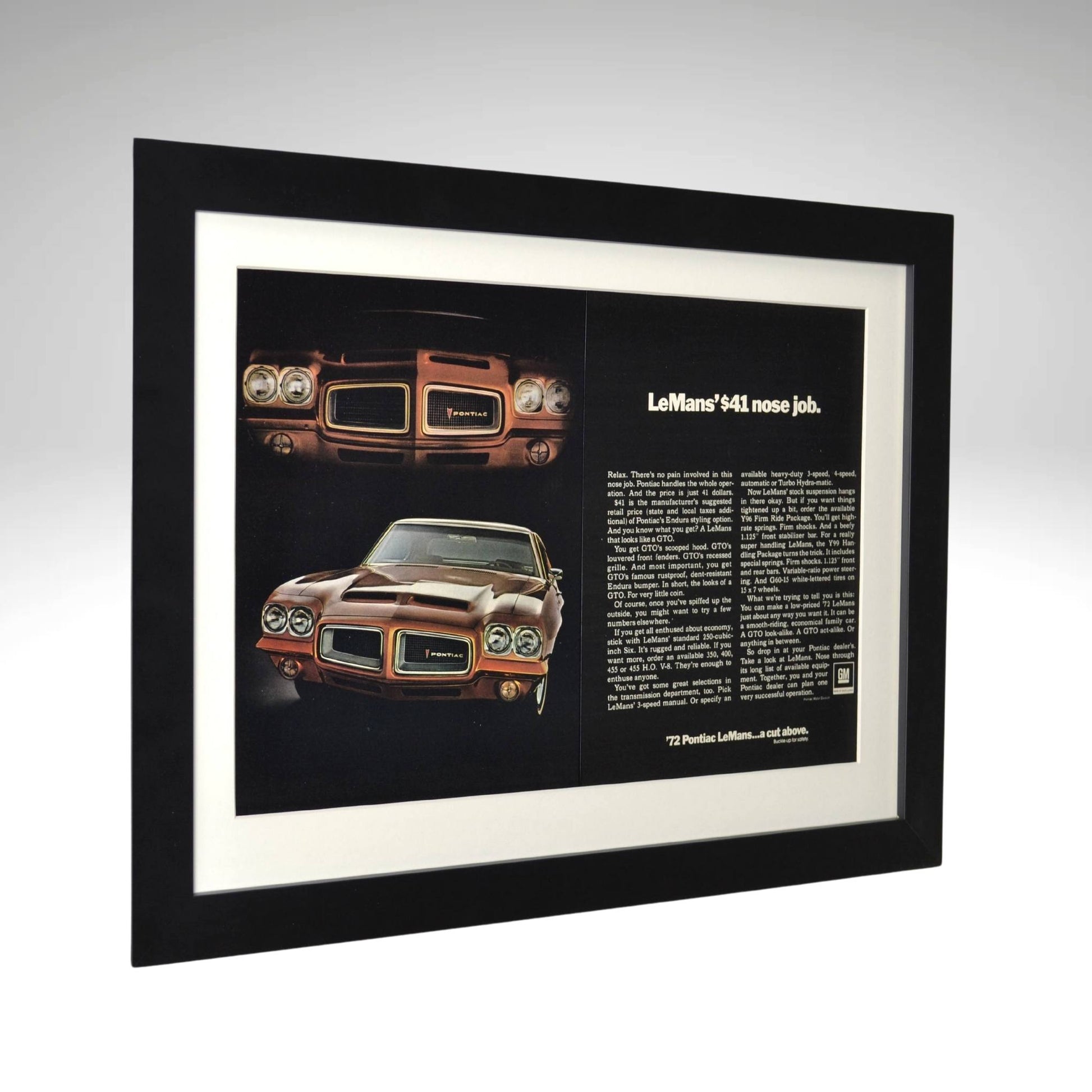side view of 1972 Pontiac LeMans framed print ad featuring the GTO-inspired Endura nose, dual grille, and classic muscle car styling.