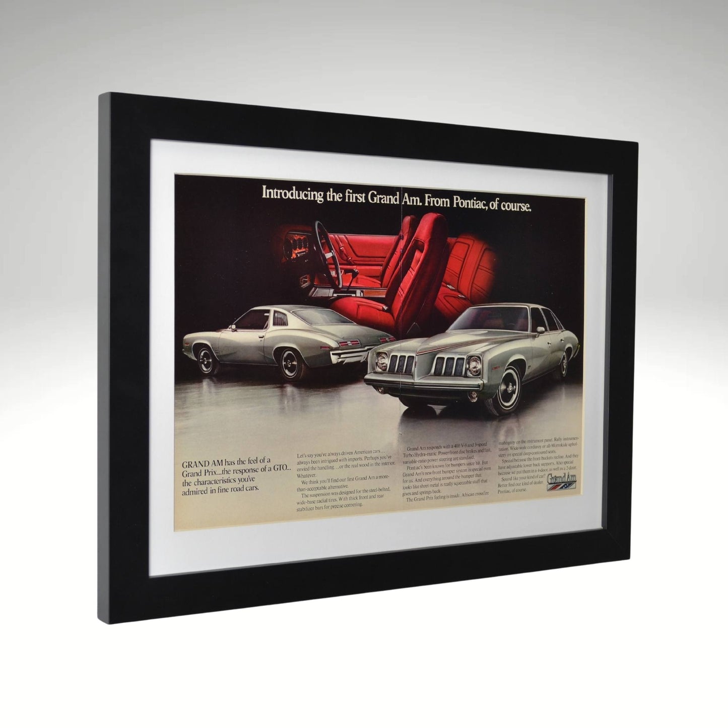 Side view of 1973 Pontiac Grand Am framed print featuring classic luxury muscle styling, bold waterfall grille, red sport interior, and GM performance heritage.
