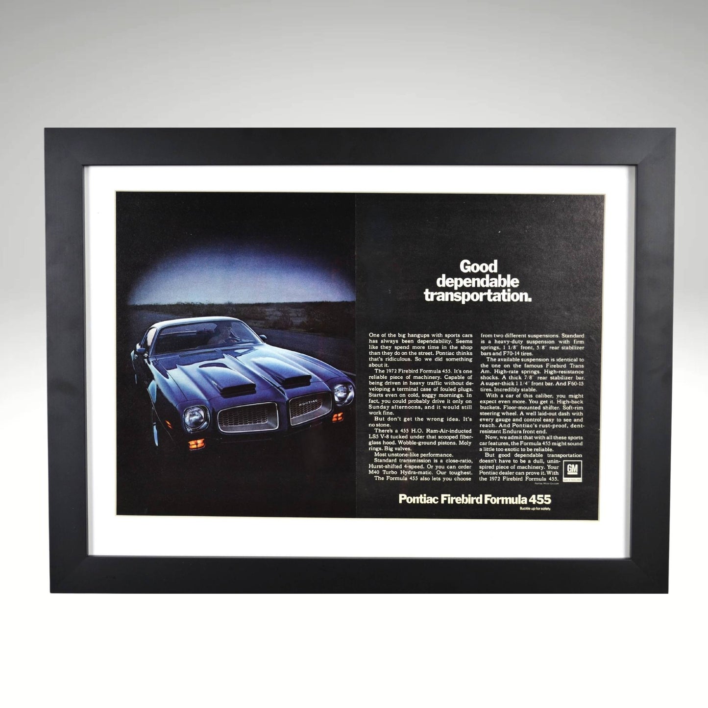 1972 Pontiac Firebird Formula 455 framed print ad featuring the 455 HO V8, dual-scoop hood, and bold Pontiac muscle car styling.