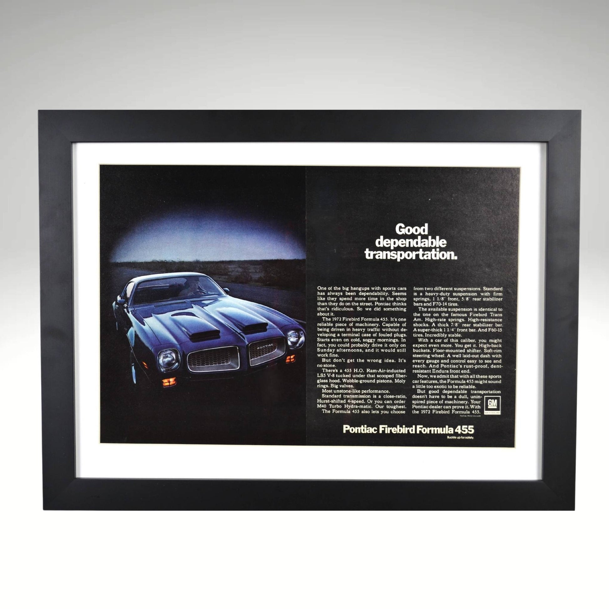 1972 Pontiac Firebird Formula 455 framed print ad featuring the 455 HO V8, dual-scoop hood, and bold Pontiac muscle car styling.