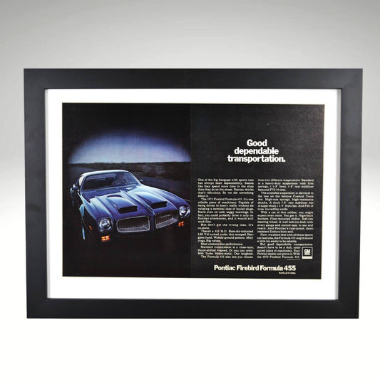 1972 Pontiac Firebird Formula 455 framed print ad featuring the 455 HO V8, dual-scoop hood, and bold Pontiac muscle car styling.