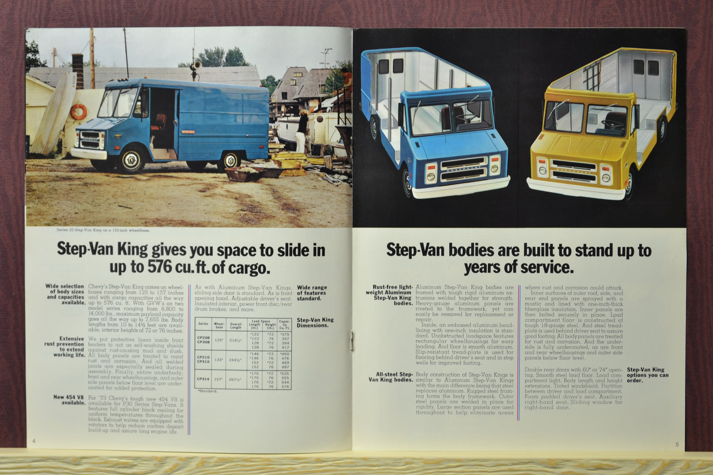 Interior pages of the 1973 Chevrolet Step Van brochure displaying a blue Step-Van King alongside a yellow Step-Van king, with details about cargo capacity, and step van bodies