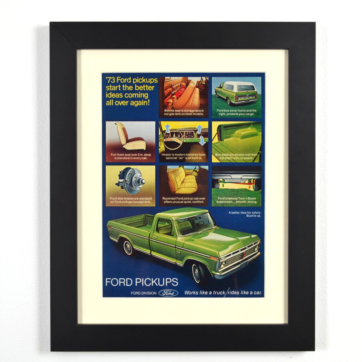Framed vintage 1973 Ford F-100 Ranger pickup print ad with bright green truck and feature highlights – 12x15 wall art for truck lovers and collectors.