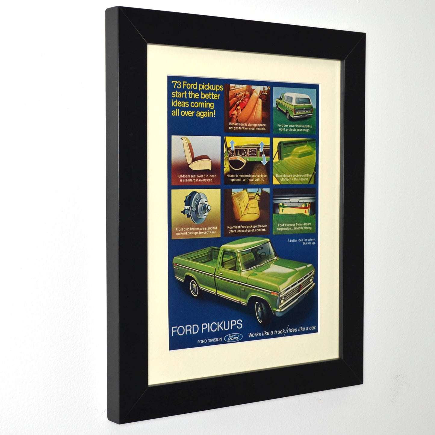 Framed vintage 1973 Ford F-100 Ranger pickup print ad with bright green truck and feature highlights – 12x15 wall art for truck lovers and collectors side view