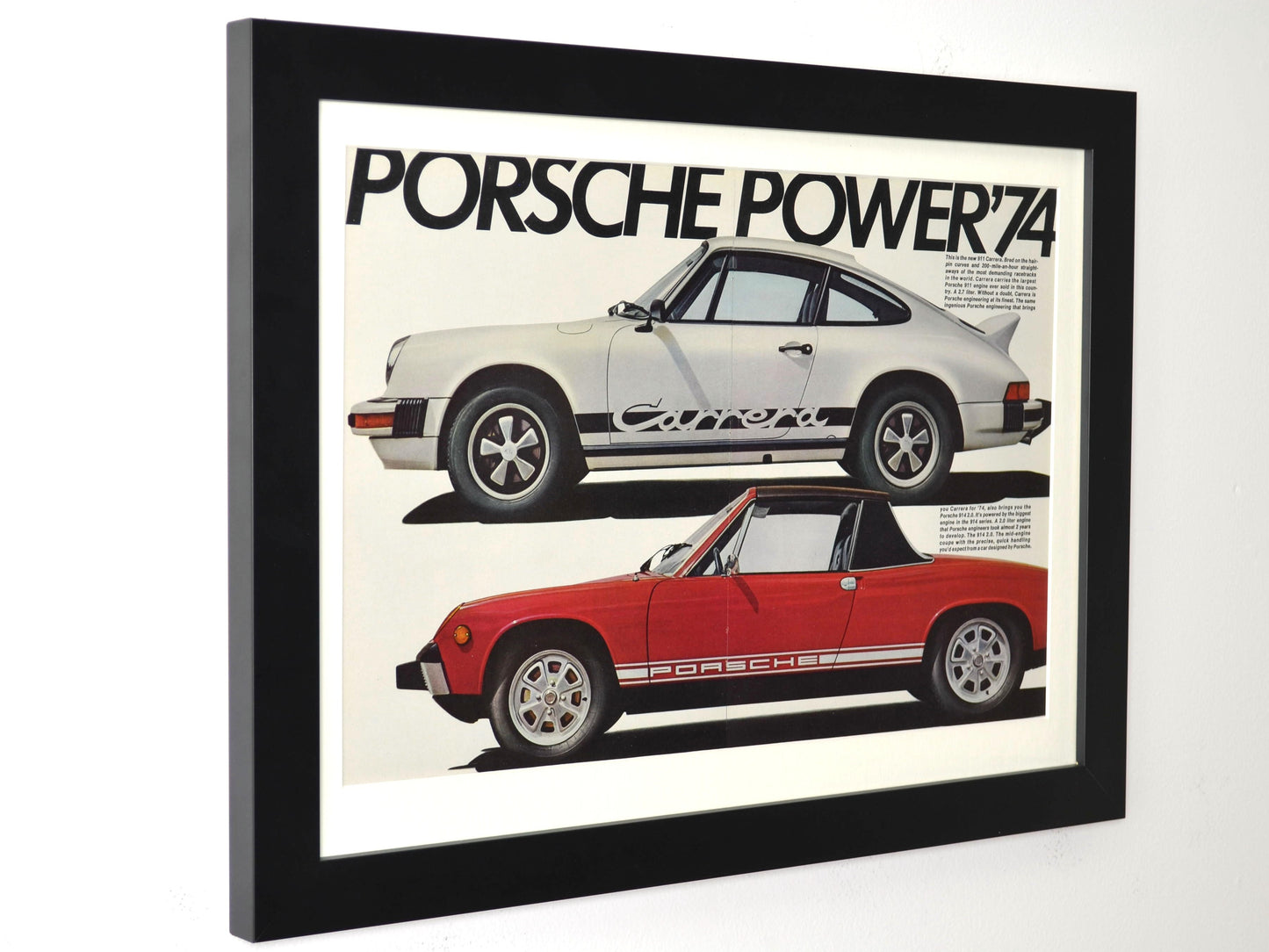 Framed 15x20 vintage print of 1974 Porsche 911 Carrera and 914 ad with side profiles and bold text “Porsche Power ’74”side view