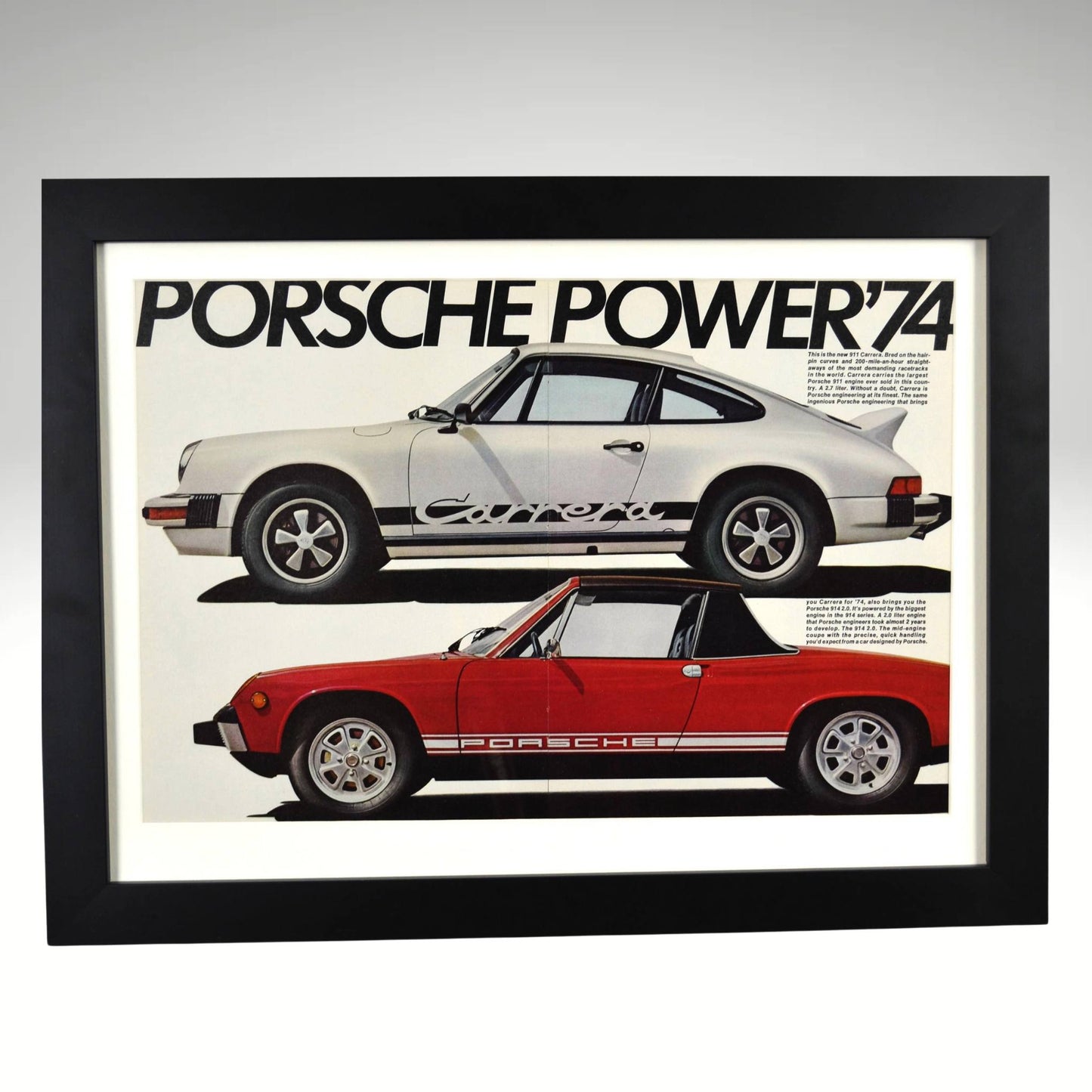 Framed 15x20 vintage print of 1974 Porsche 911 Carrera and 914 ad with side profiles and bold text “Porsche Power ’74”