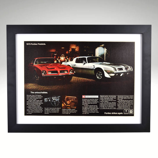 1975 Pontiac Firebird Trans Am & Formula framed print ad featuring the 455 HO V8, Firebird Formula styling, and classic muscle car design.