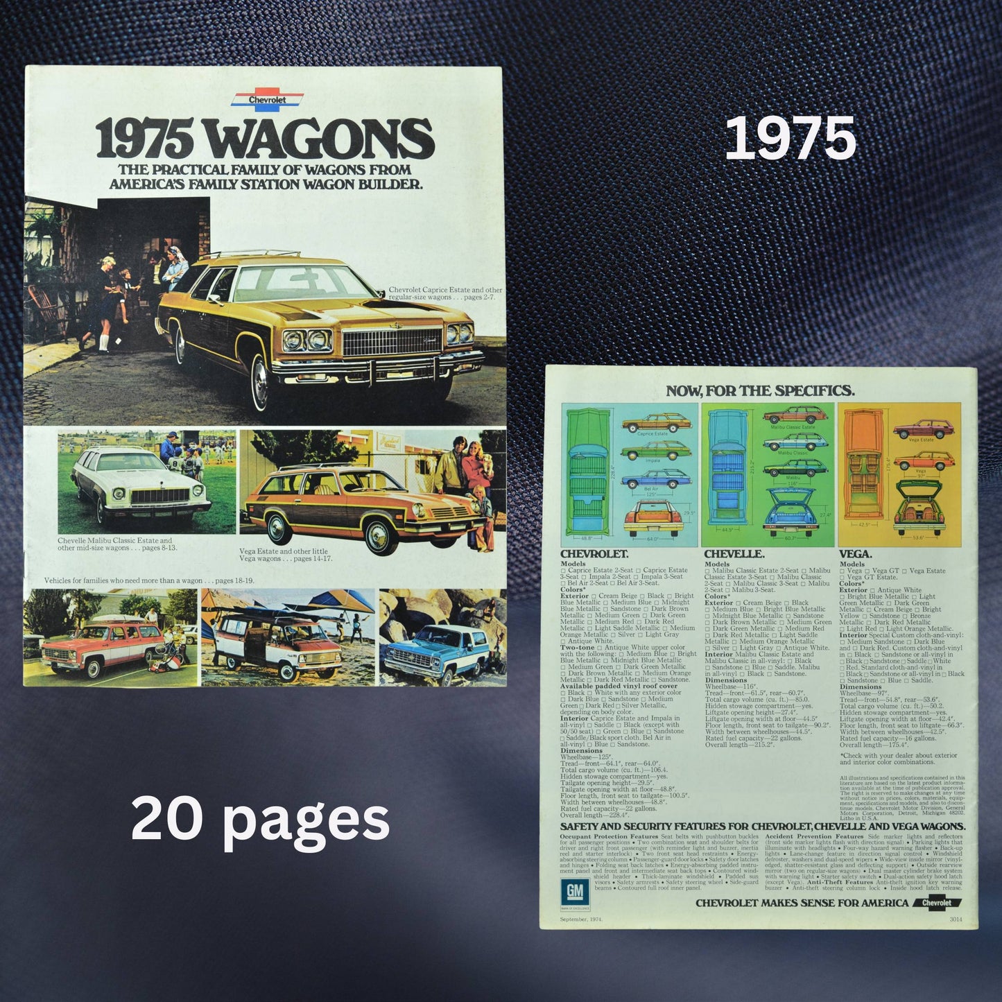 The front cover displays a Caprice Estate wagon in a family setting, while the back highlights technical specifications and vehicle dimensions.