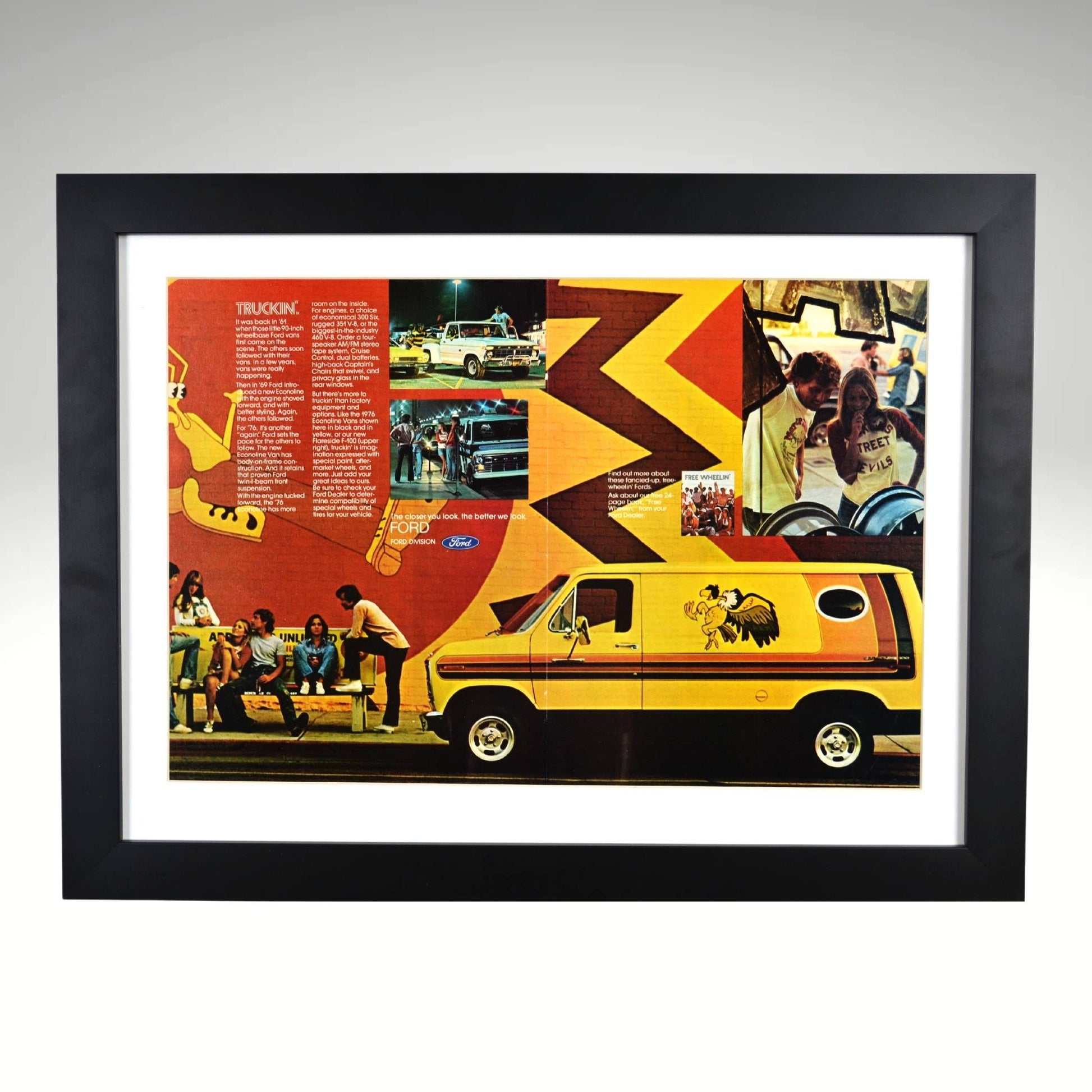 1976 Ford "Trucking" framed print featuring vintage custom vans, bold 70s graphics, and Free Wheelin’ culture.