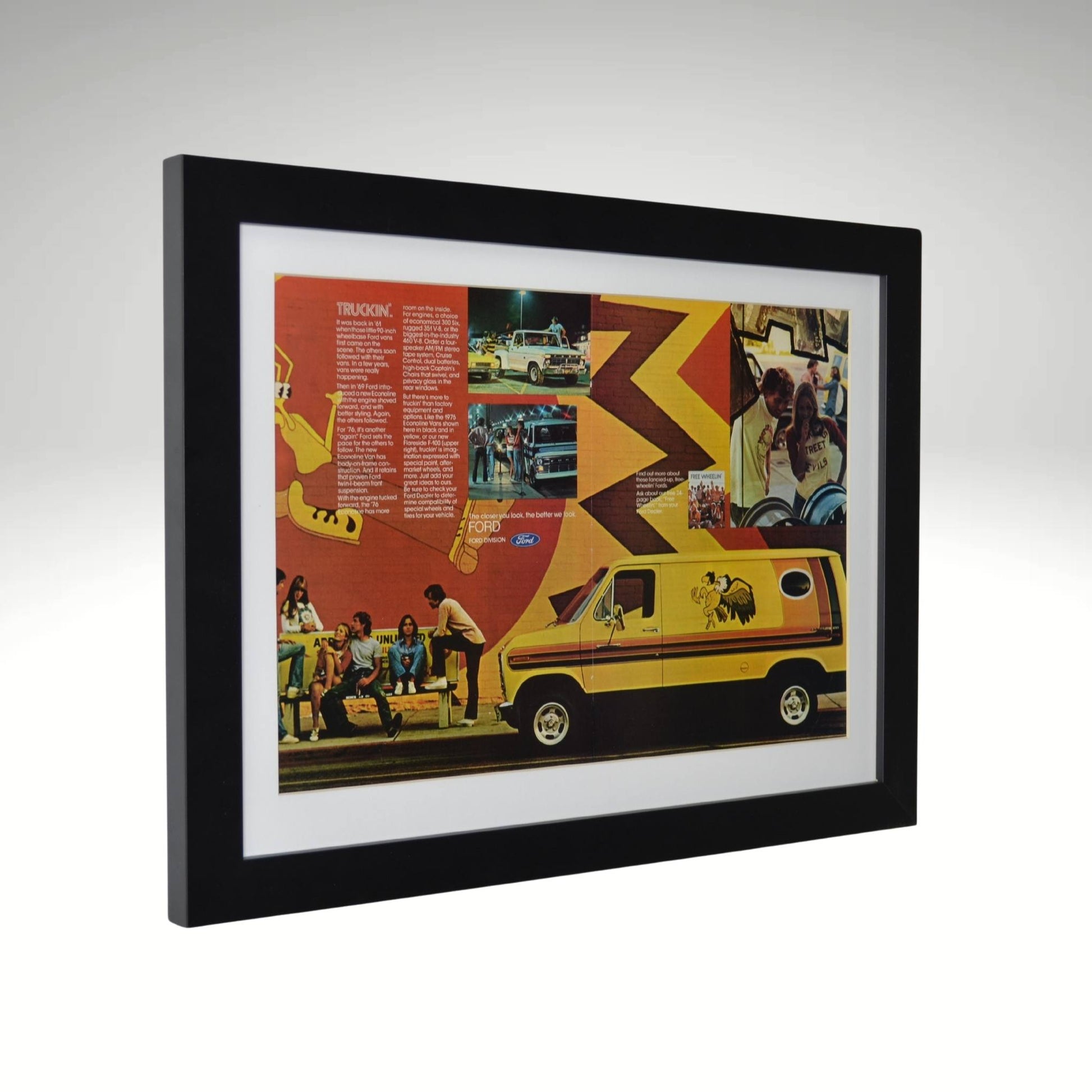Side view of 1976 Ford "Trucking" framed print featuring vintage custom vans, bold 70s graphics, and Free Wheelin’ culture.