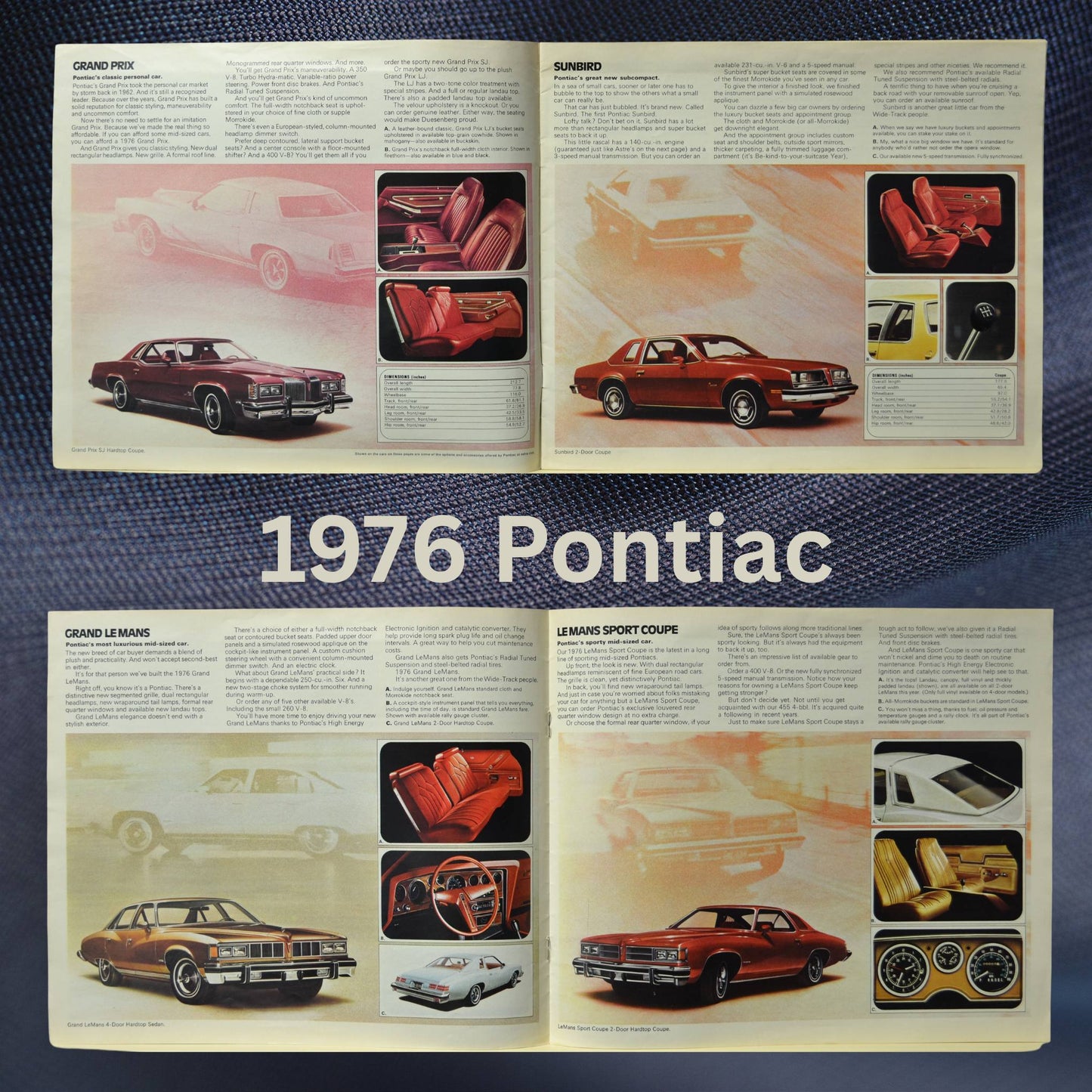 Interior pages highlighting the Pontiac Grand Prix, Sunbird, Grand LeMans, and LeMans Sport Coupe, with detailed images of interiors and specifications