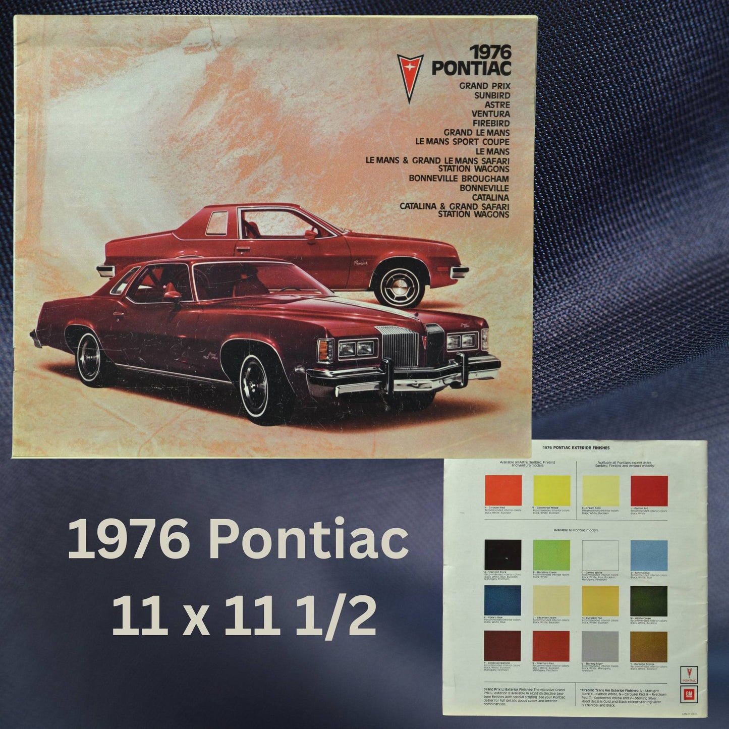 Front and back cover of the 1976 Pontiac dealer brochure, featuring a red Grand Prix and Sunbird on the cover with a list of models included in the catalog