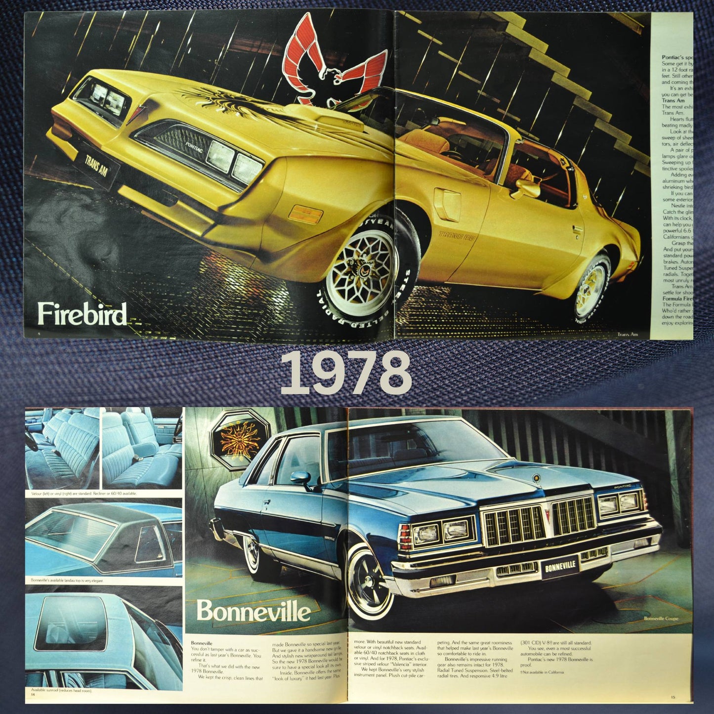 Open brochure spread showcasing a gold Pontiac Firebird Trans Am in a showroom setting, with a close-up of the car’s front end and Firebird emblem and the 1978 Pontiac Bonneville, with an illustration of a blue sedan and close-up shots of the luxurious interior options.